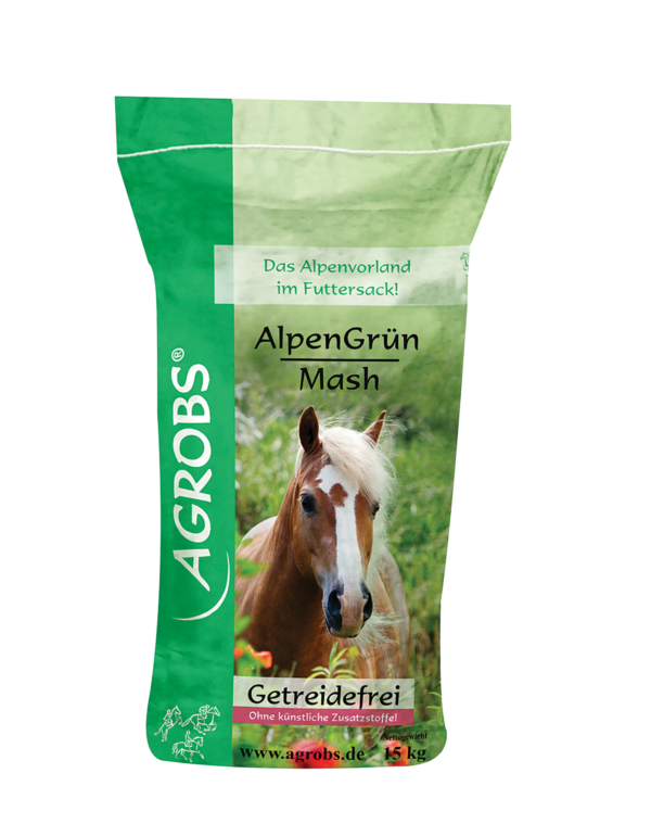AlpenGrün Mash er et sundt supplementsfoder bl.a. til heste med sart fordøjelsessystem eller diarré, stofskiftefølsomme heste, regenerering og ældre heste