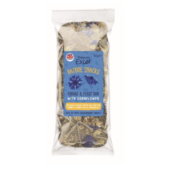 En lækker bar af hø og lækre kornblomster. En sund og lækker snack til kanin, chinchilla og marsvin.  