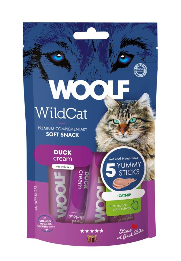 Woolf Wildcat Cat Cream med and og catnip er en lækker, cremet snack til katte – 100% naturlig, uden tilsætningsstoffer, perfekt som belønning eller foder-topper.