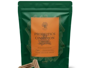 PROBIOTICS & CINNAMON TEETH DELIGHTS Denne stjerneformede, semi-bløde godbid er ikke bare uimodståelig – den bidrager nemlig også til god mundhygiejne. Med SHMP, der hjælper med at forebygge tandsten, forfriskende mynte til god ånde og probiotika, som understøtter en sund tarmflora, får I en godbid med ekstra bonus.