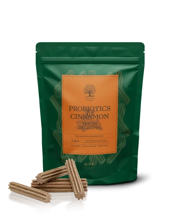 PROBIOTICS & CINNAMON TEETH DELIGHTS Denne stjerneformede, semi-bløde godbid er ikke bare uimodståelig – den bidrager nemlig også til god mundhygiejne. Med SHMP, der hjælper med at forebygge tandsten, forfriskende mynte til god ånde og probiotika, som understøtter en sund tarmflora, får I en godbid med ekstra bonus.