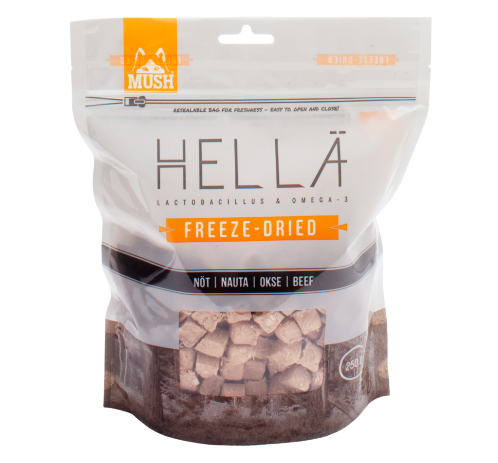MUSH Hellä Okse er frysetørret, perfekt til den barffodrede hund på farten